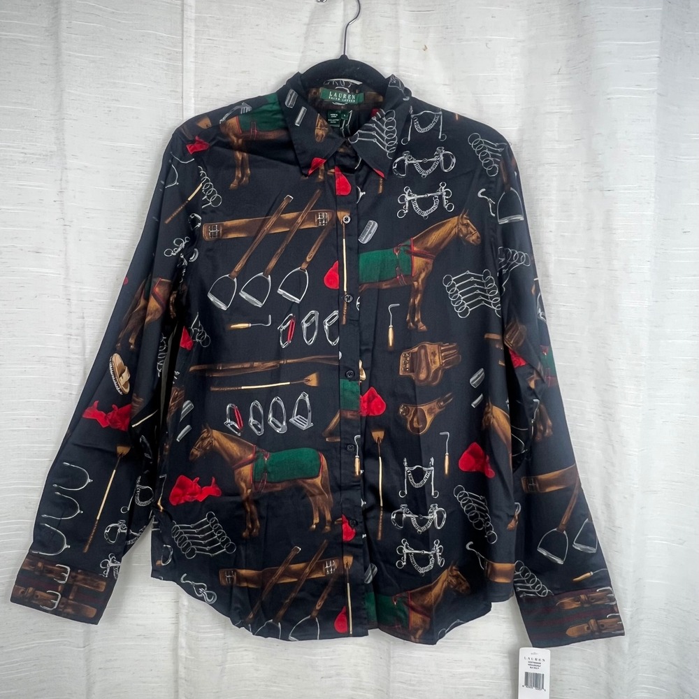 Lauren Ralph Lauren NWT Middleburg-F Equestrian Horse Print Cotton Shirt Black L